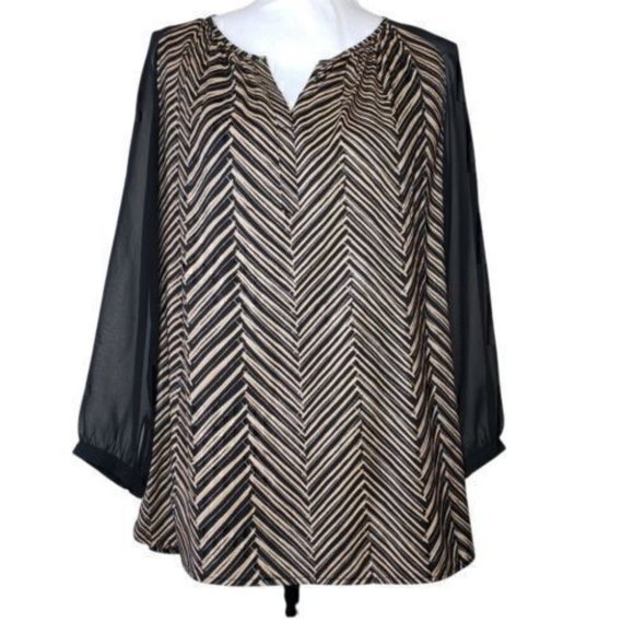 Ann Taylor Black Light Brown Long Sheer Sleeve Blouse Chevron Pattern Sz Medium - Picture 1 of 5